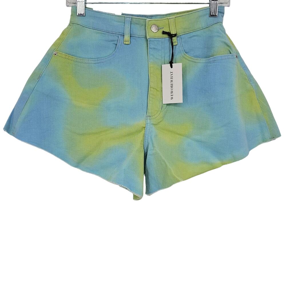 Revolve Weworewhat Womans size 26 Flare Bell Denim Jean Shorts Green/Blue NEW